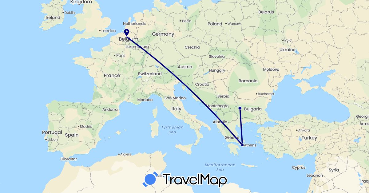 TravelMap itinerary: driving in Belgium, Bulgaria, Greece (Europe)